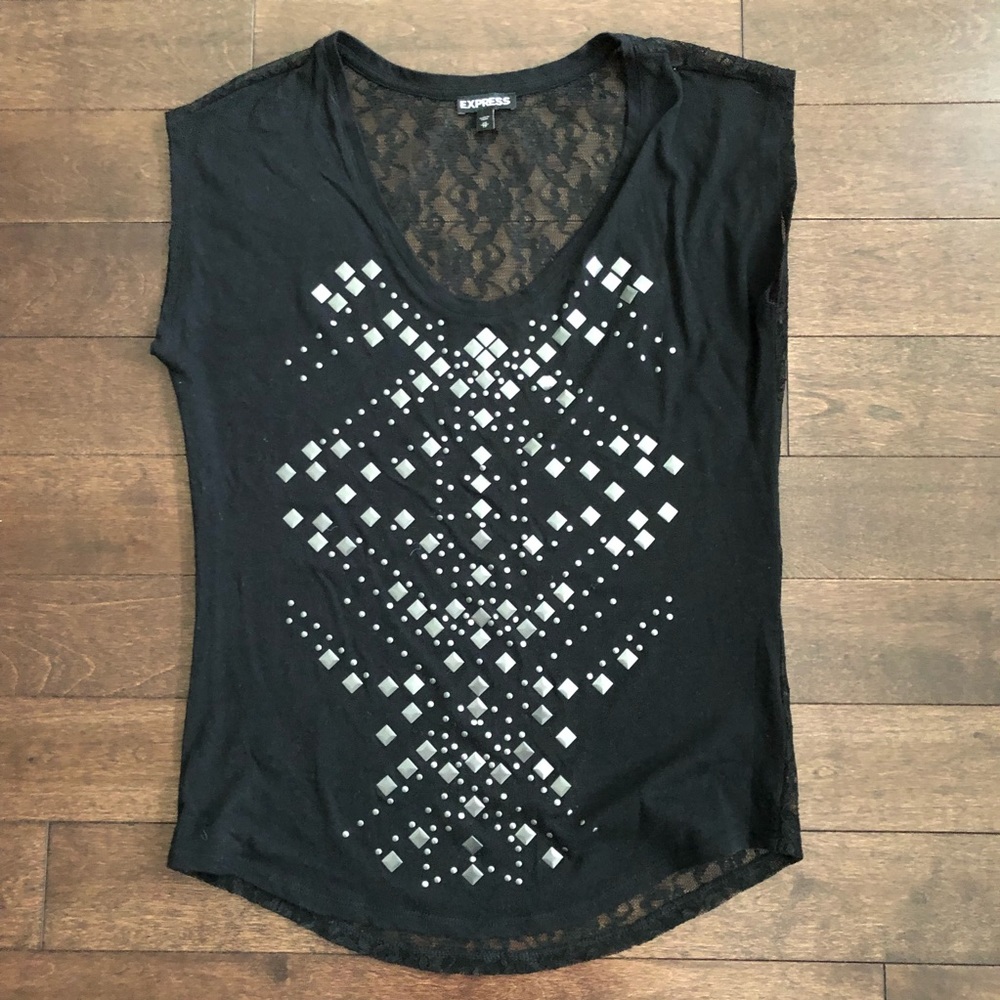 Express Studded Lace Back Tee Black Silver Accents